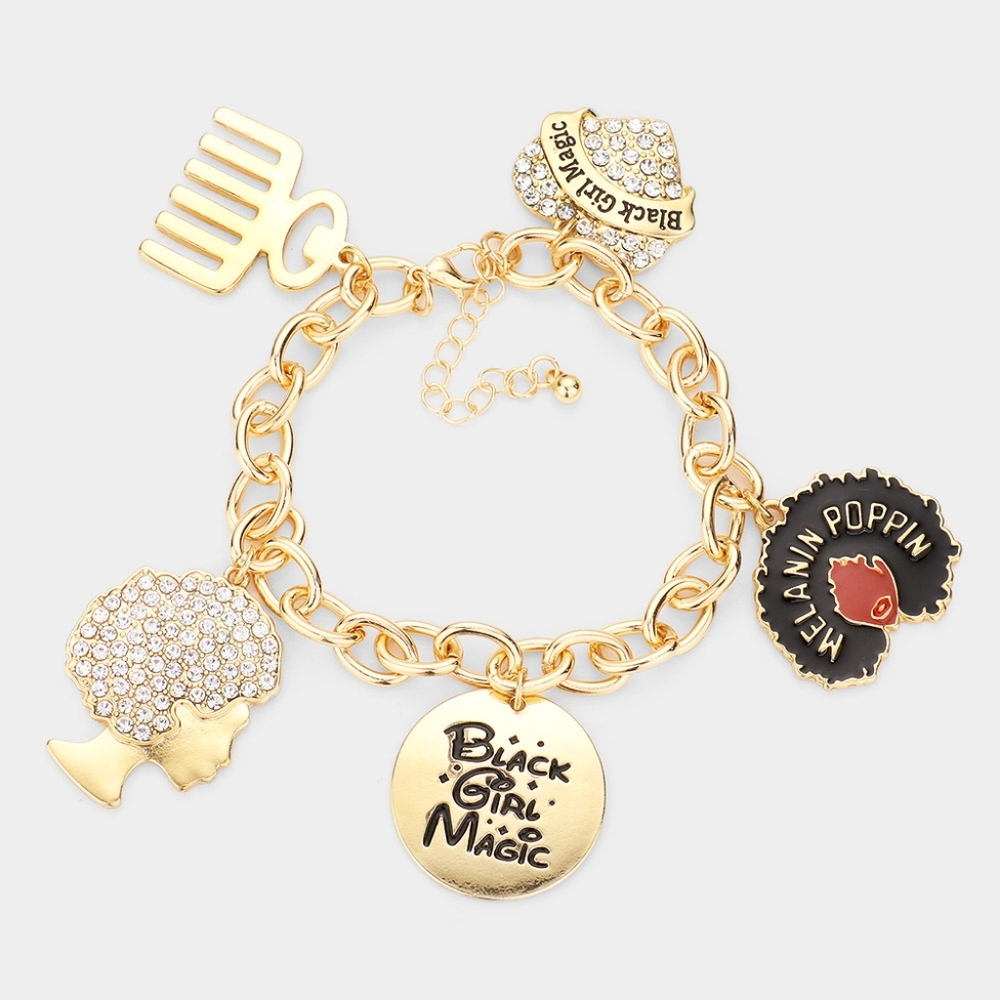 Gold Pendant Charms Crystal BLACK GIRL MAGIC Afro Statement Chain Link Bracelet